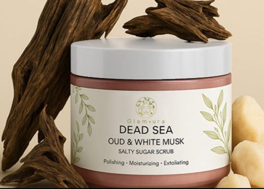 Dead Sea Salty Sugar Scrub jar with natural elements on a beige background