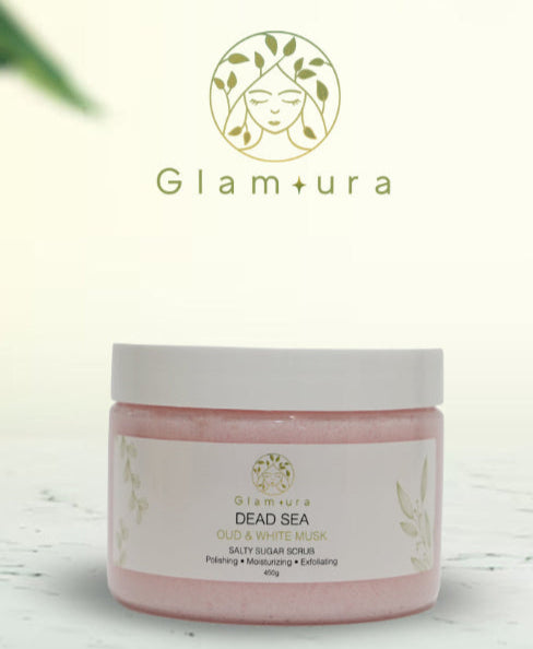 Jar of Dead Sea mud with Glamura logo on a light background